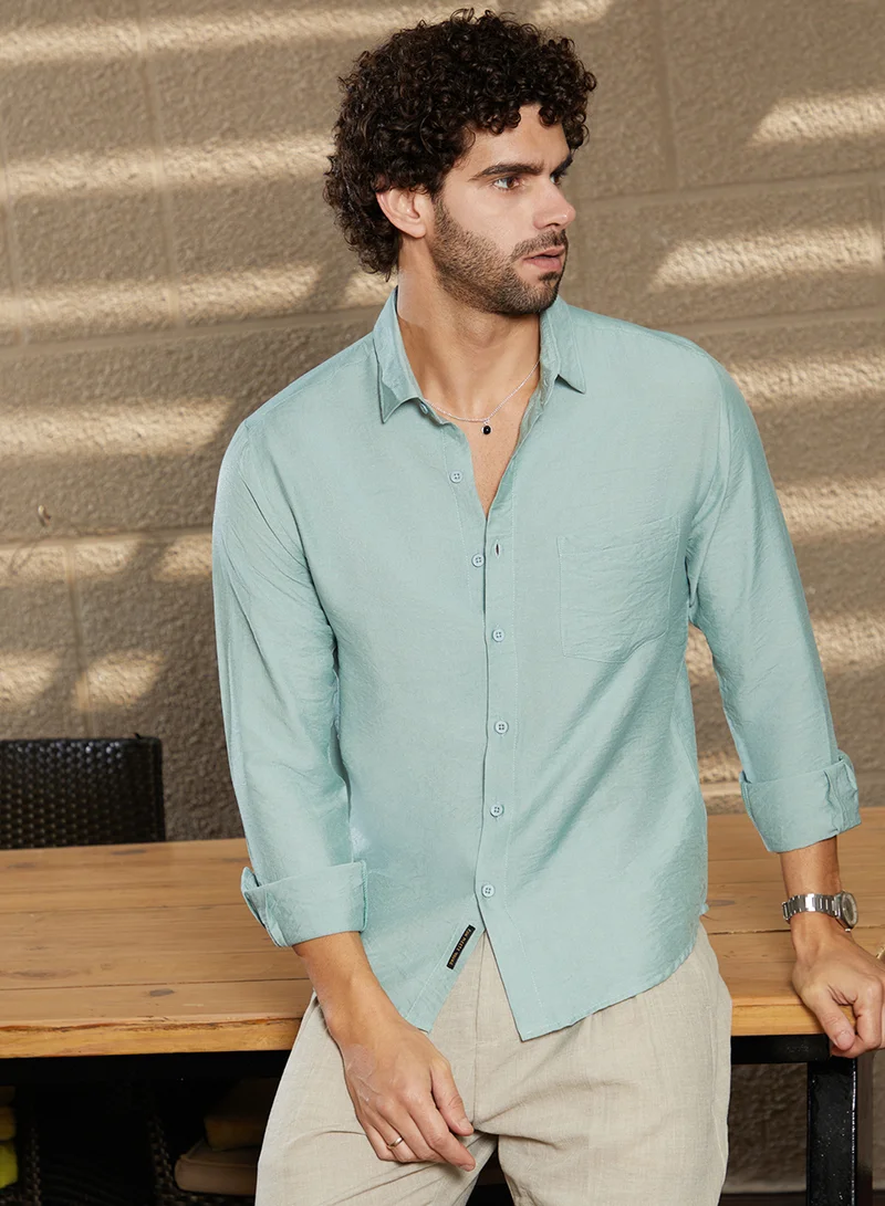 كامبوس سوترا Men's Sage Green Breezy Wrinked Relaxed Shirt For Casual Wear | Spread Collar | Long Cuffed Sleeves | Button Closure | Shirt Crafted With Comfort Fit For Everyday Wear